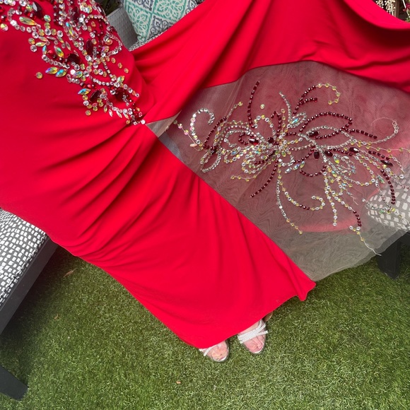 Party Time Formals - Red long Evening Prom gown rhinestones with train - Picture 4 of 12